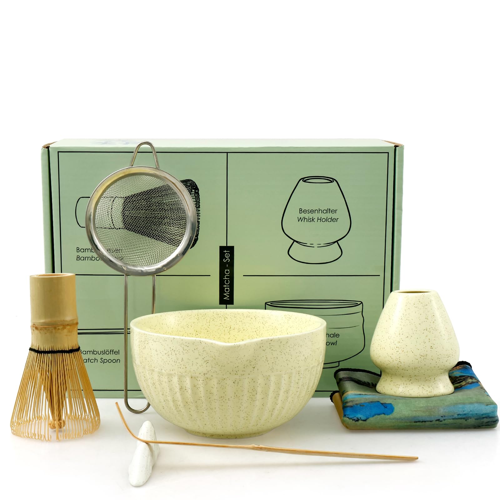 Matcha Tee-Set 7-teilig – Weiße Keramik-Schale, Bambus-Schneebesen, Sieb & Mehr, Japanischer Stil