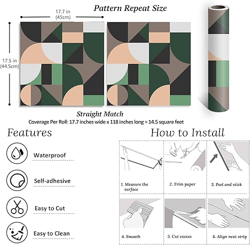 Miniatura 9 de VEELIKE Papel tapiz geométrico abstracto para despegar y pegar, color verde y negro, papel tapiz geométrico para baño, 17.7 x 354 pulgadas,