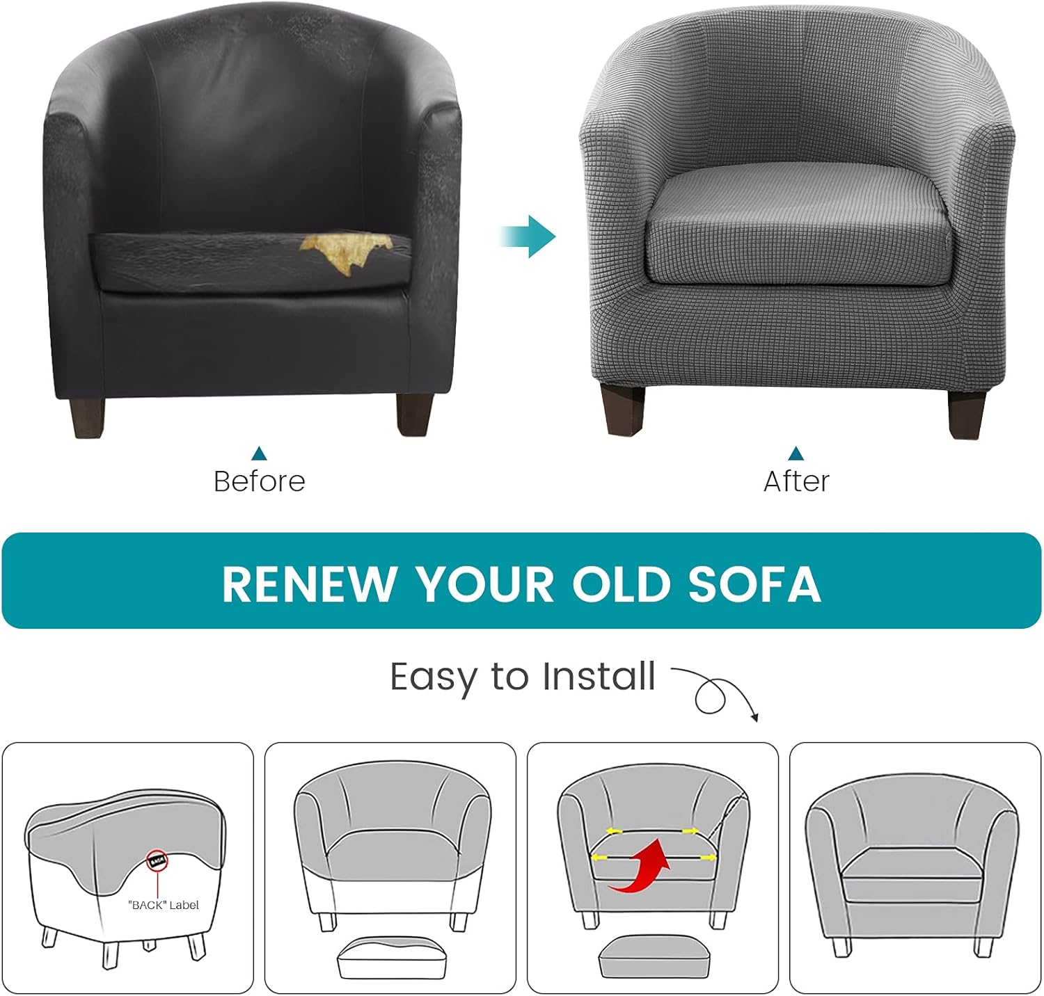 Club Chair Slipcover with Cushion Cover,Stretch Removable 2-Piece Tub Chair Cover Armchair Cover,Spandex Jacquard Sofa Cover Furniture Protector for Living Room Arm Chair Couch Cover(Grey,1pc) : Home & Kitchen