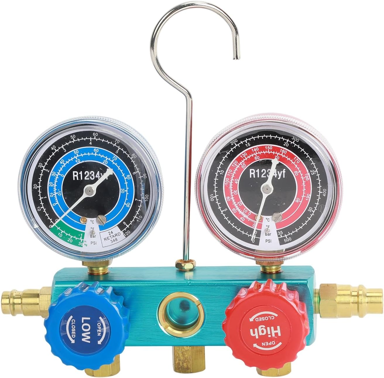 R1234YF Dual Gauge Refrigerant Manifold Gauge Kit with 3 Colored Hoses and 2 Fittings Aluminum Air Conditioning Service Tool for Charging/Diagnostics/Recovery Black