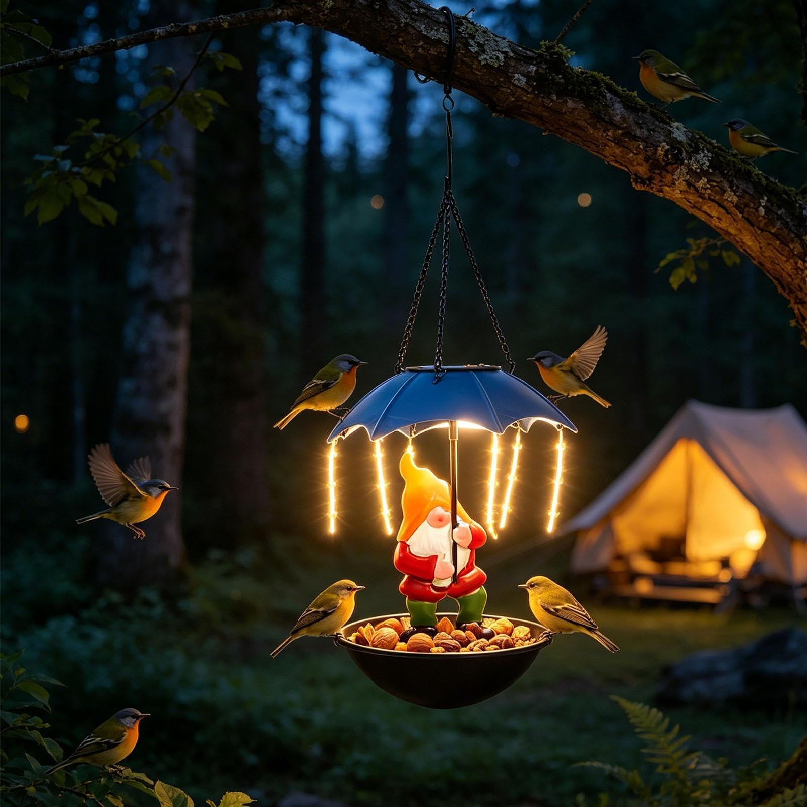 Mangiatoia per uccelli in metallo con luce solare, design a ombrello da giardino per cortile, prato, vialetto, balcone e albero, perfetta per il cibo per uccelli e per attirare uccelli selvatici