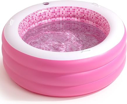 Inflatable Round Swimming Pool with Blow Up Padded Floor, Cup Holder, Handles and Drain - 60"x22" Deep Round Large Kiddie Pool Perfect for Adults and Kids Ages 4 5 6 7 8 Playful Pink