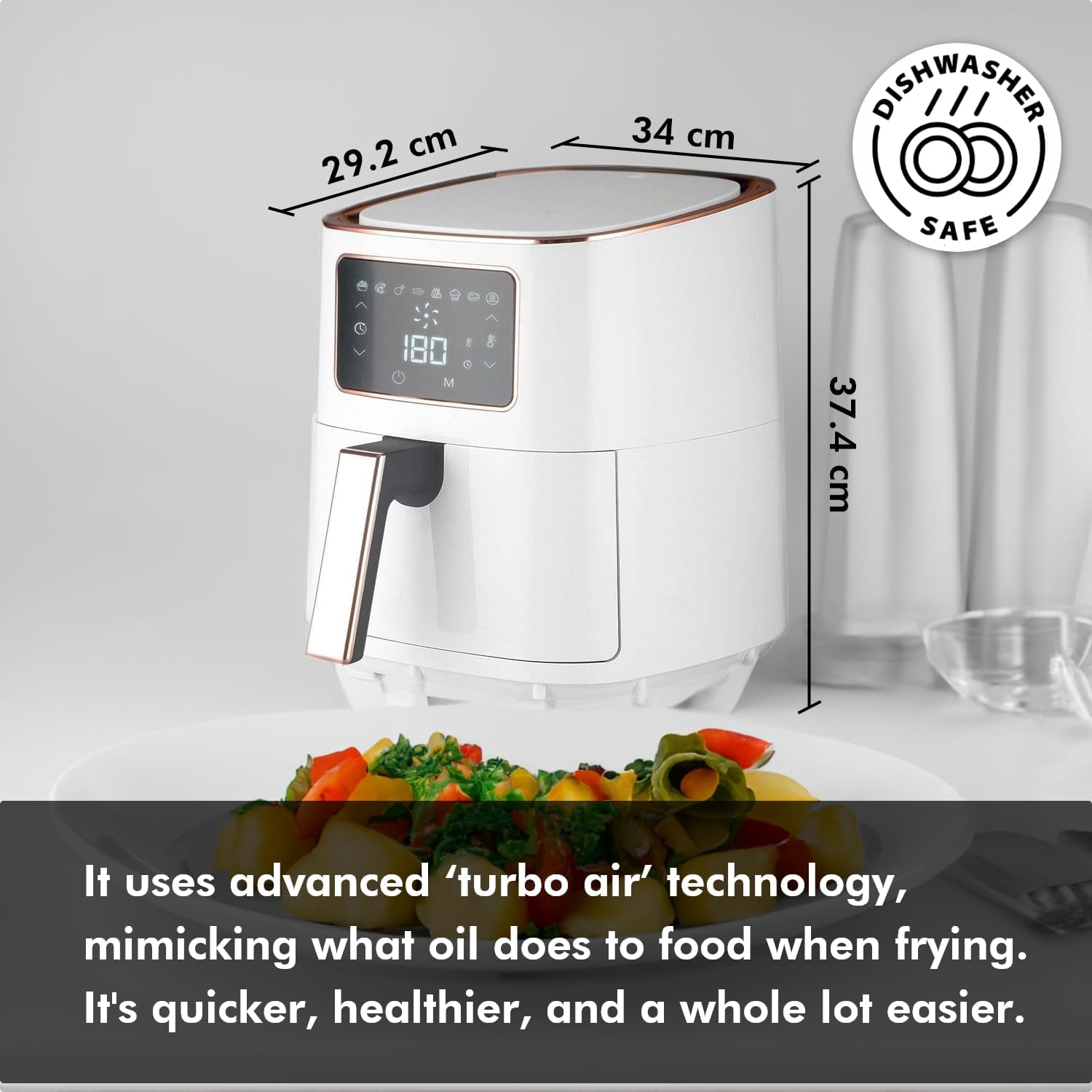 Image showing the dimensions of the air fryer and a 'Dishwasher Safe' icon.