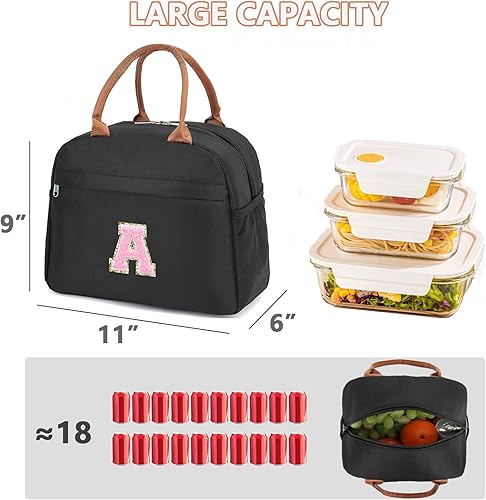 Miniatura 3 de Bolsa de almuerzo para niñas con aislamiento térmico para mujeres, lonchera congelable para la escuela con inicial negra A
