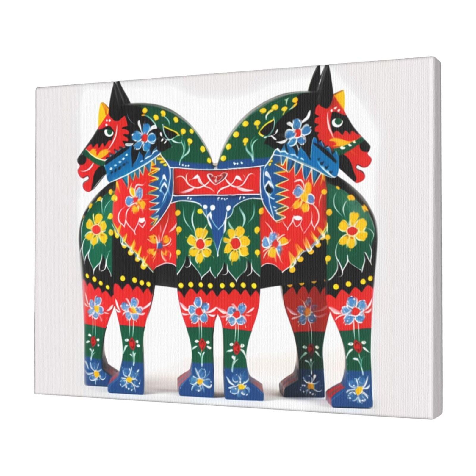 KLOPH Runner Swedish Dala Horse Folk Canvas Wall Art for Living Room 12"x16" Modern Artwork Painting for Bathroom Hanging Canvas Prints Aesthetic Wallart for Bedroom Kitchen Office Wall Decor