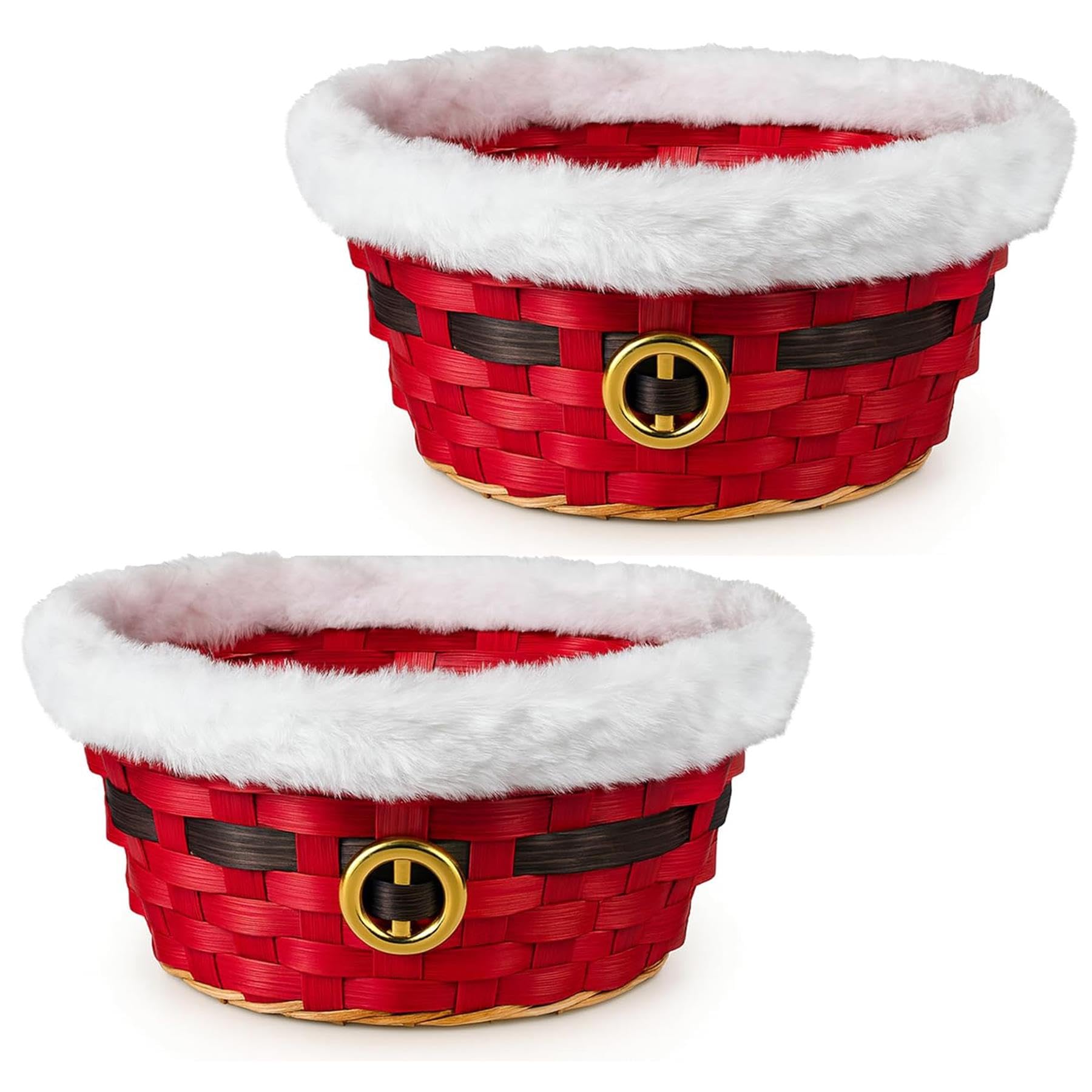 Buystarget 2x Santa Bamboo Baskets Festive Red Woven Christmas Basket Pack of 2 for Snacks, Sweets, Decorations, Gifts, Treat Basket Storage Bowl with Faux Fur Trim & Gold Buckle Hamper