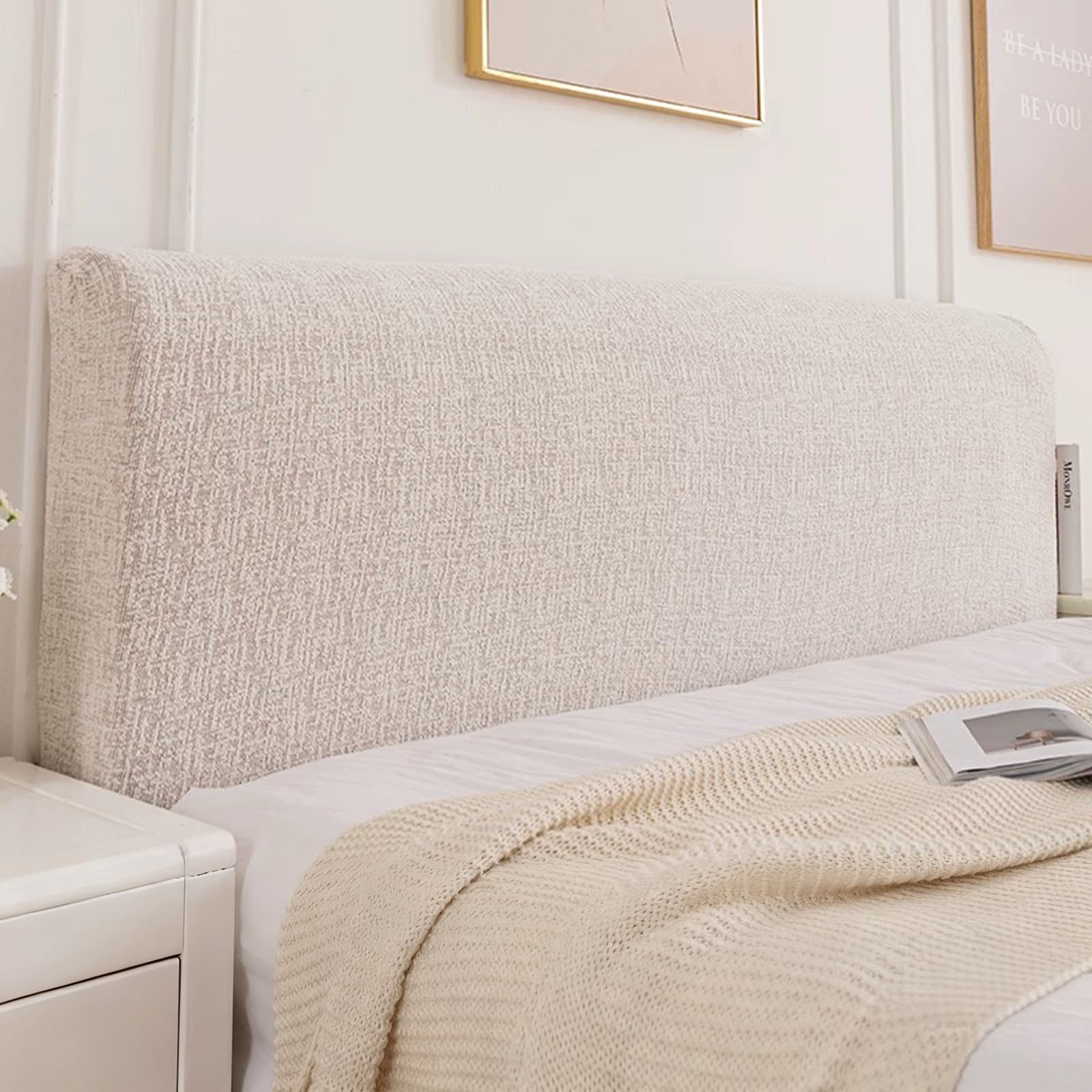 Housses de tête de lit en coton lin Double/Simple/King Size Couvre-tête de lit élastique Tout inclus Housse de protection Antipoussière pour tête de lit en bois cuir tissu(Length:190-205cm,Brown)