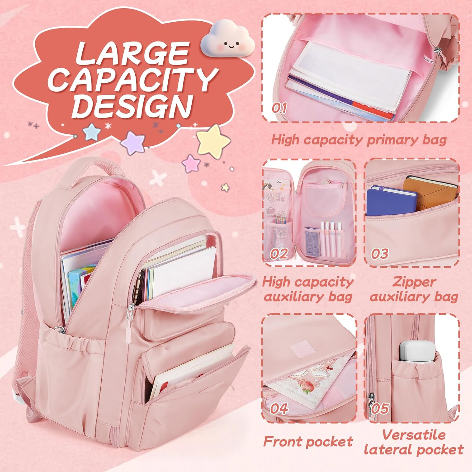 Cute Backpack For School Teens Girls, Aesthetic Kids Elementary School Backpacks, Waterproof Middle Students Bookbag, Large Capacity Backpack For College Women Men (Pink) - Image 5