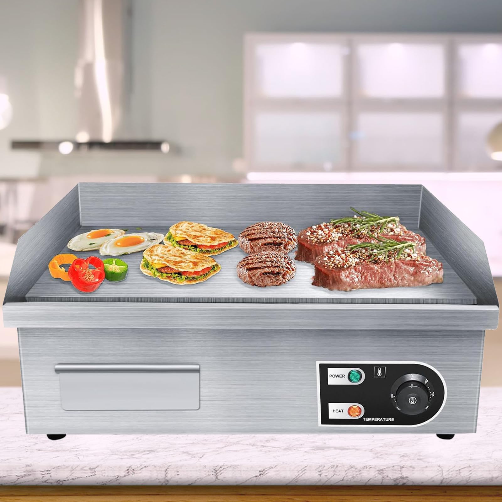 Piastra elettrica Commerciale da 22 Pollici, griglia Piatta in Acciaio Inossidabile con Controllo della Temperatura Regolabile 0~300 ℃, griglia Teppanyaki per Famiglia, ristoranti