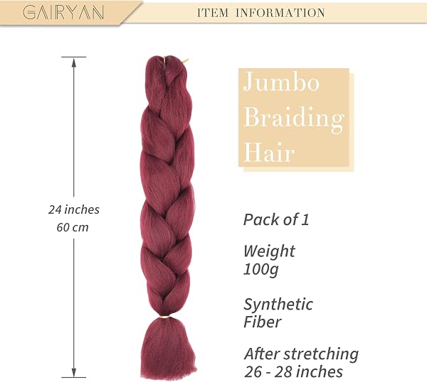 Meches Tresse Cheveux 1 Paquet 24" Meches pour Tresses Africaine Rajout Cheveux Tresses Extension Dreadlocks Ombre Synthétiques Tresse Crochet Twist Tressage Cheveux (Rouge Vin) - 2