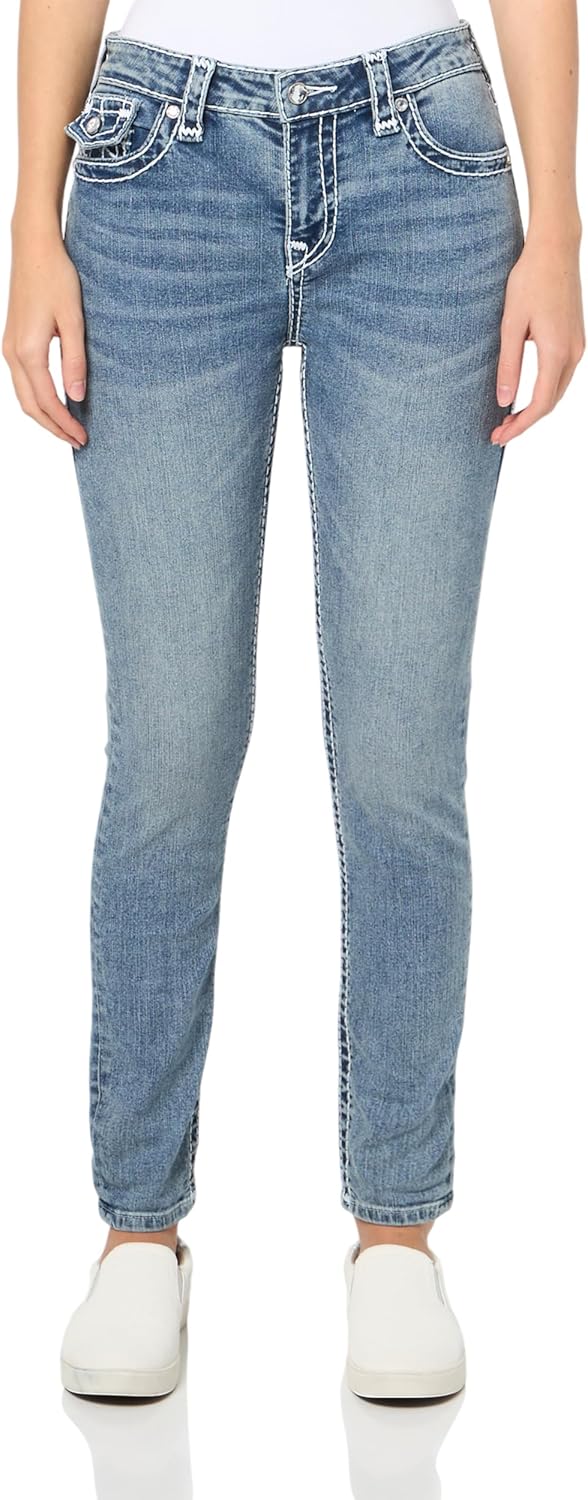 True Religion Women's Crystal Halle Mid Rise Skinny Flap Jeans Super T Stitching
