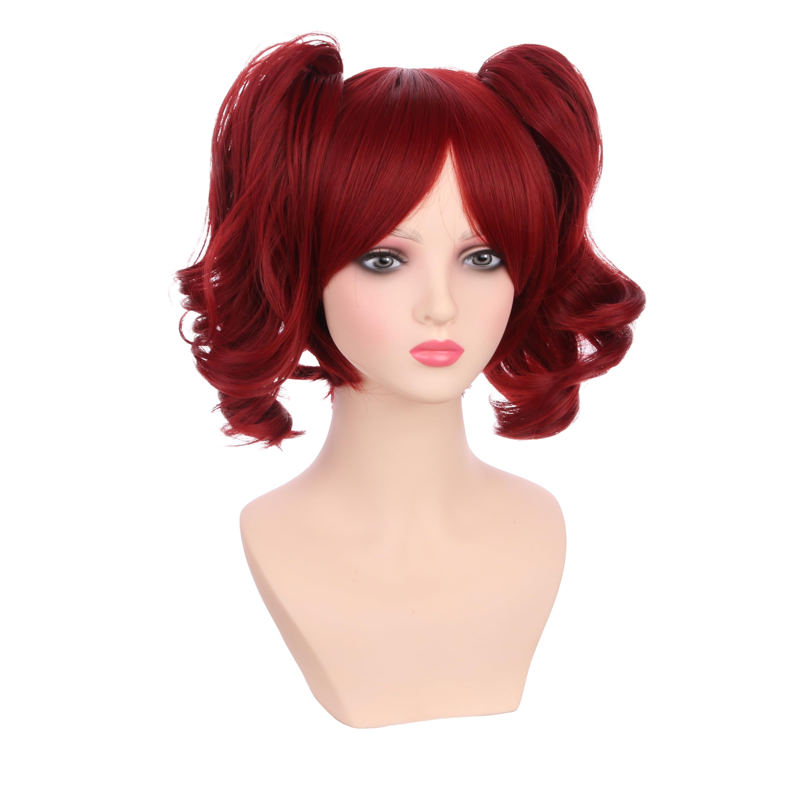 Edivd Girls Wine Red Two Ponytail Wig Kids Short Wine Red Wavy Curly Wig with Bangs Heat Resistant Synthetic Wig with Wig Cap