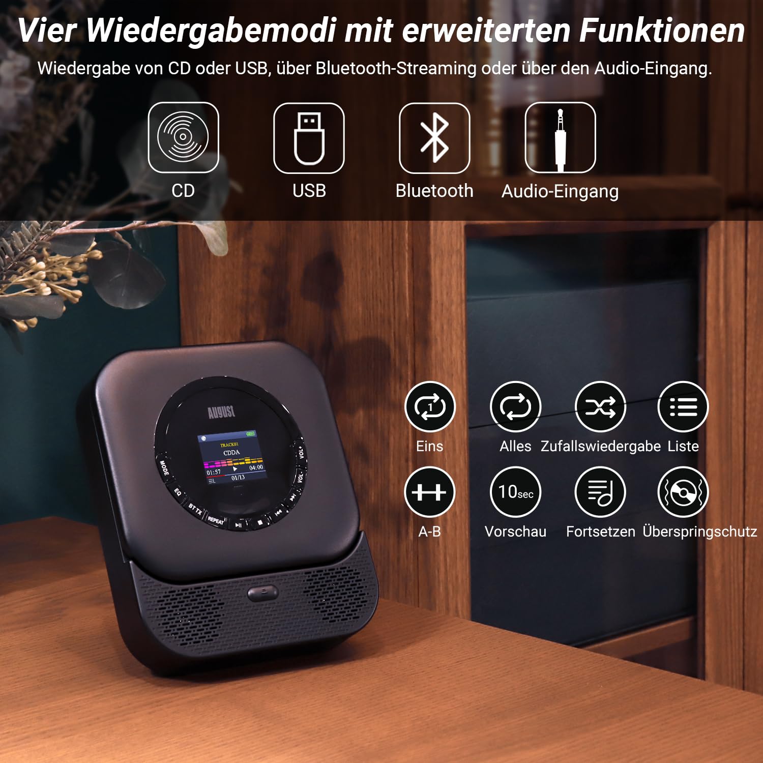 August SE15 Tragbarer Bluetooth 5.3 CD Player mit Lautsprecher 3,5mm Audio In/Out Wiederaufladbar CD Spieler mit USB/Equalizer/Überspringschutz/Wiederholungsmodus/Wandhalterung/Ohrhörer&Fernbedienung