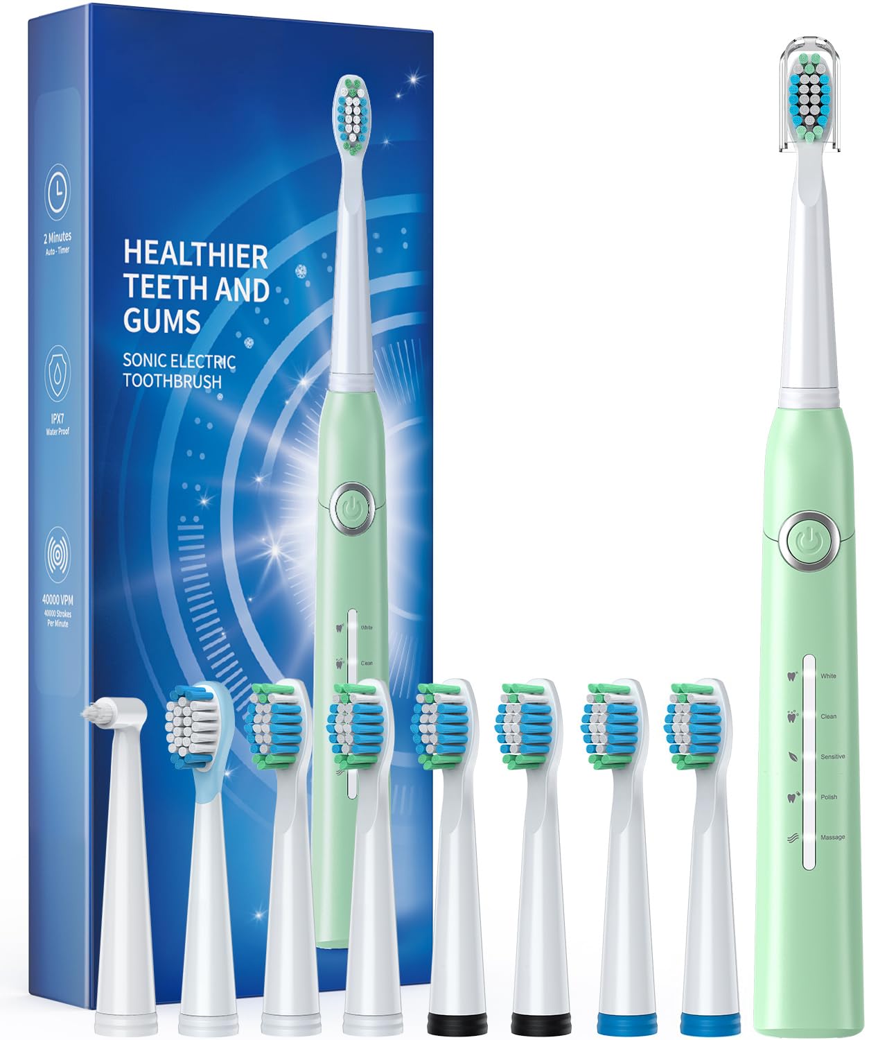 Sonic Electric Toothbrush with 8 Brush Heads 40000 VPM 5 Modes Sonic Toothbrushes Quick Charge 4 Hours Duration 30 Days Green