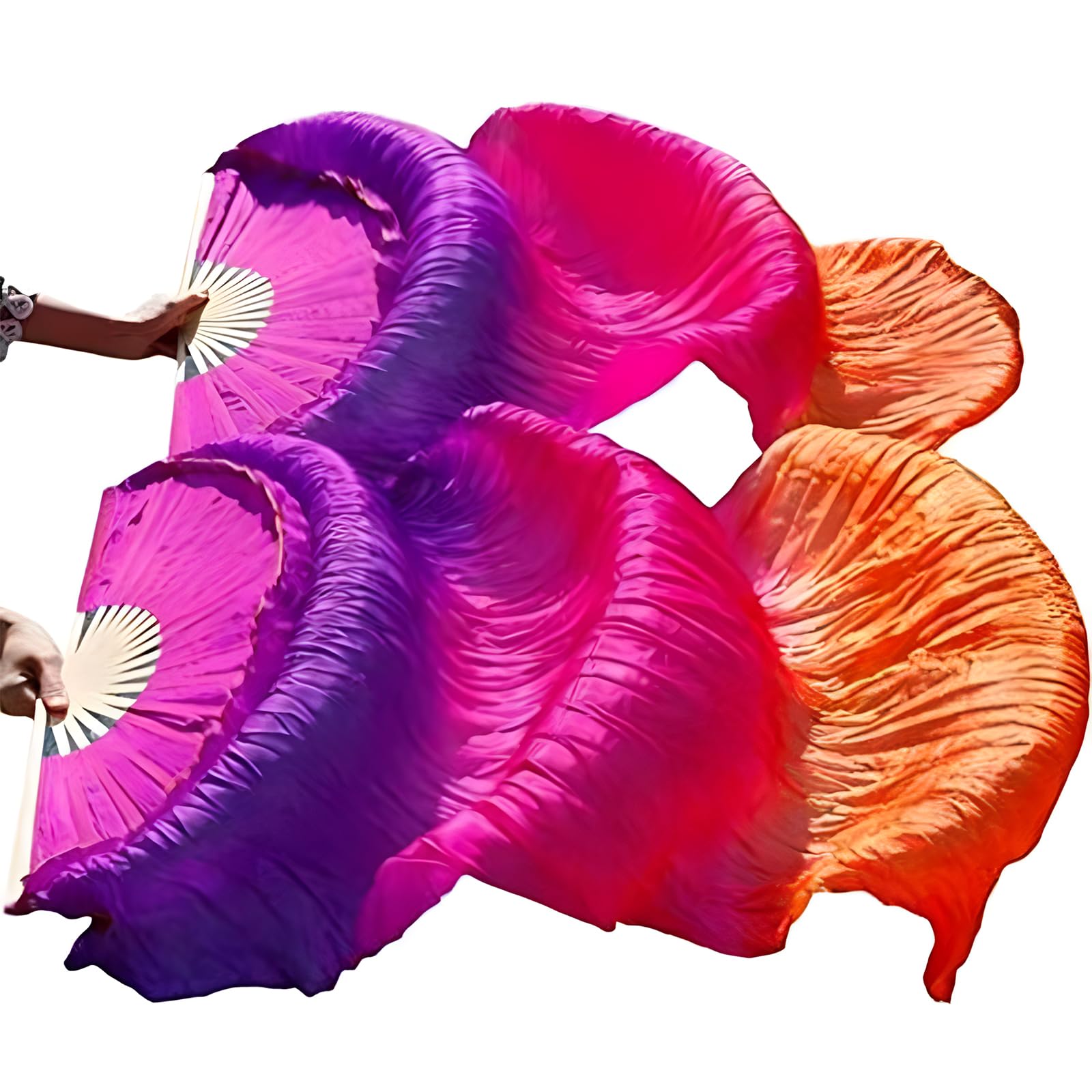 1 Pair Women Real Silk Belly Dance Fan Veils - Handmade Long Bamboo Fans for Professional Dancing 180cm * 90cm (Left+Right)