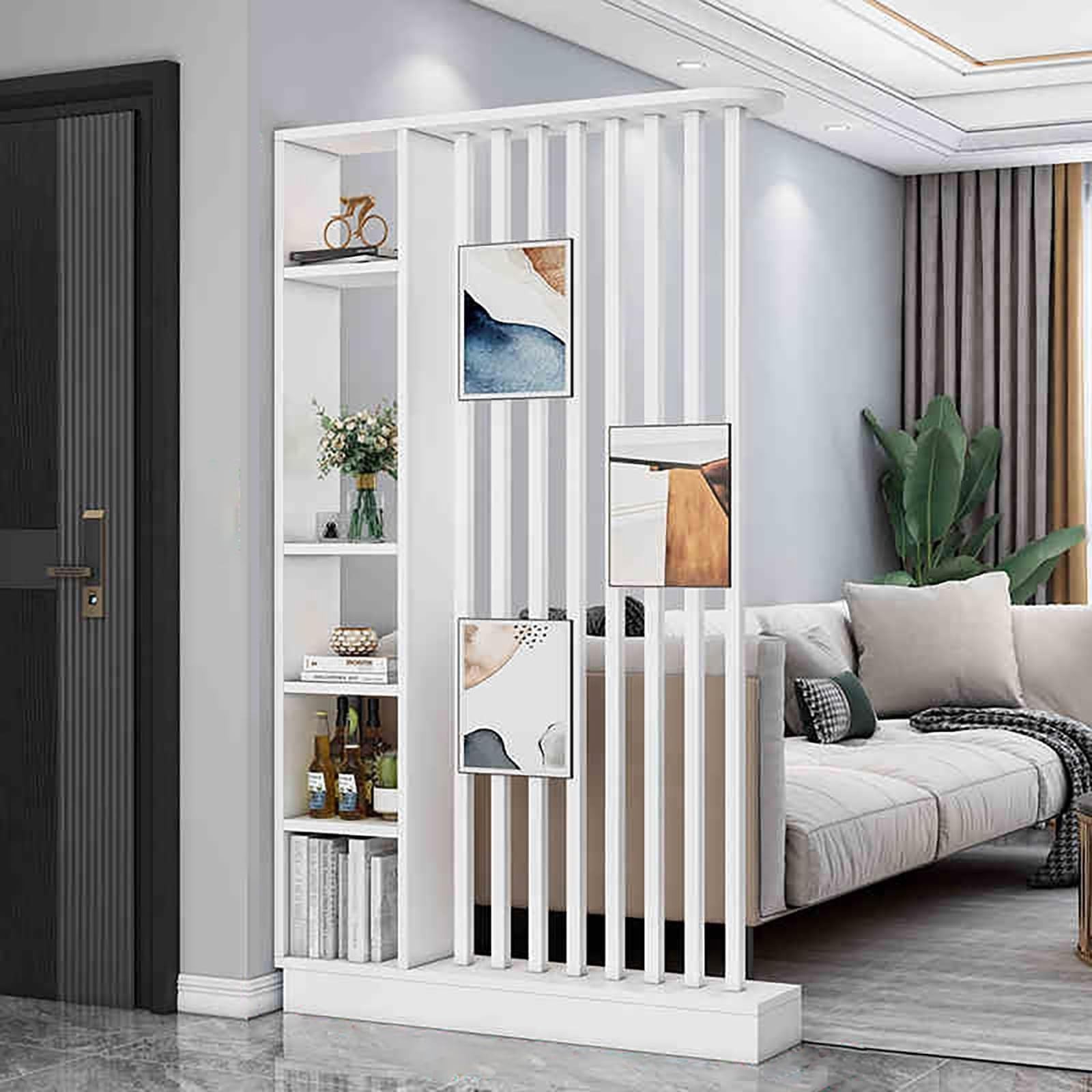 Cloison de séparation en bois avec étagère style claustra vertical de 120cm