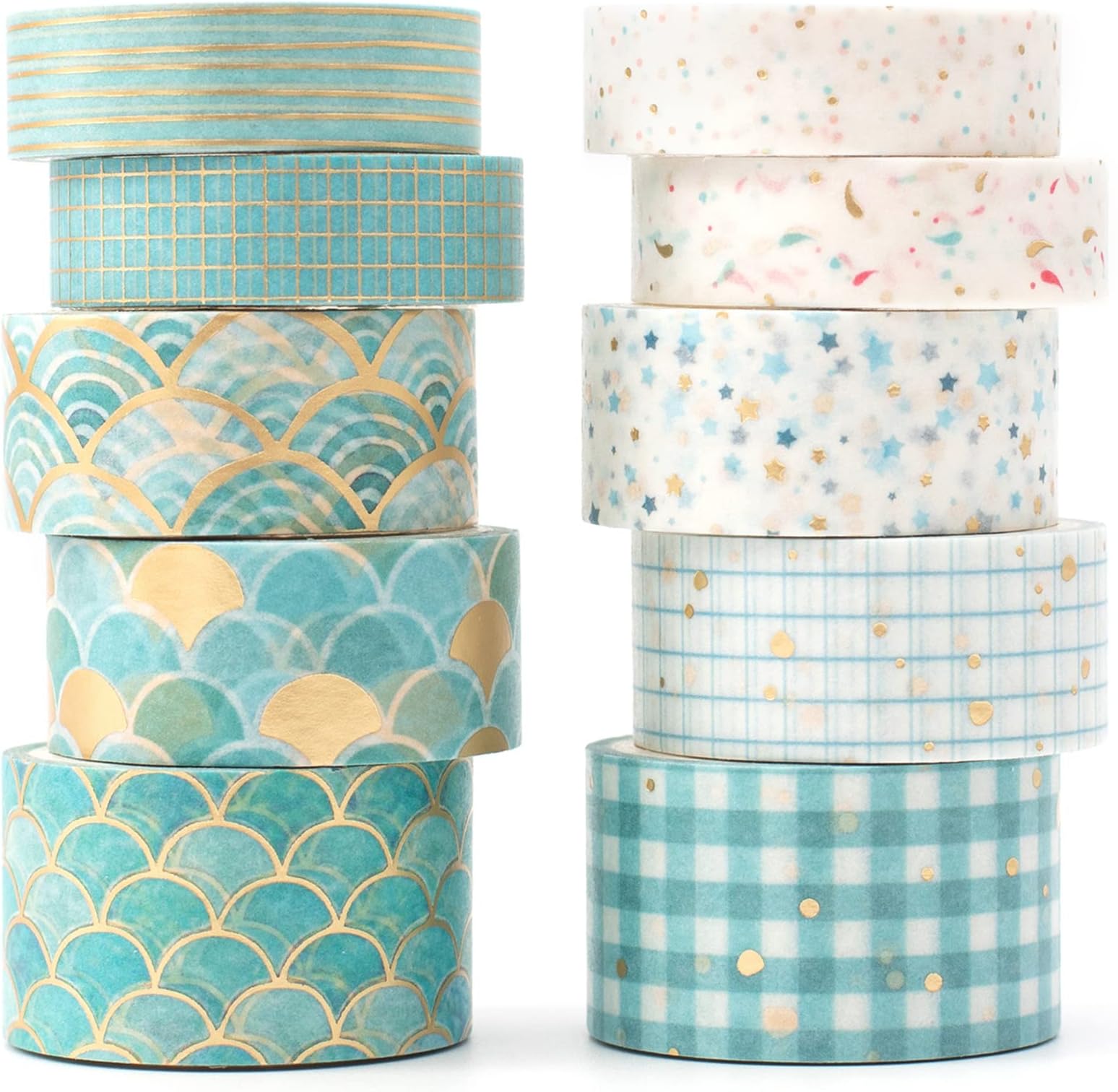 YUBX Creative Washi Tape Set 10 Rolls Gold Foil Print Decorative Masking Tapes for Arts, DIY Crafts, Journals, Planners, Scrapbook, Wrapping (Blue Melody)