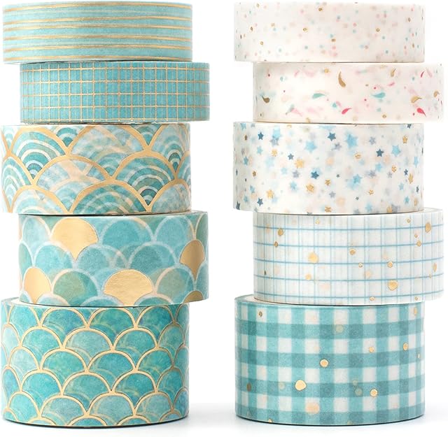 YUBX 10 Rolls Washi Tape Set Creative Gold Foil Decorative Tapes Masking Tape Sets for Craft, Kids, Scrapbook, Bullet Journal, DIY, Gift Wrapping (Bronzing Blues)