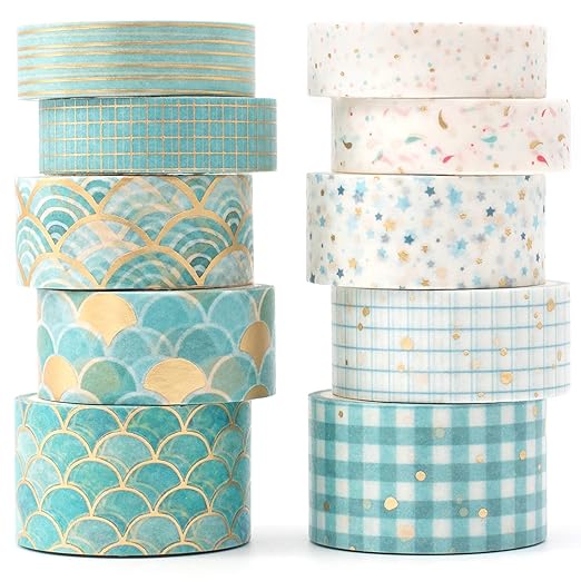 YUBX 10 Rollos Washi Tape Set Masking Tape lámina dorada cinta adhesiva de papel decorativa para Scrapbooking Artesanía de Bricolaje (azul bronceador)