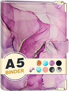 A5 Refillable 6 Ring Faux Leather Budget Binder,Mini Notebook Binder Cover for A5 Filler Paper,Loose Leaf Personal Planner Cover with Magnetic Buckle ClosureMarble Purple