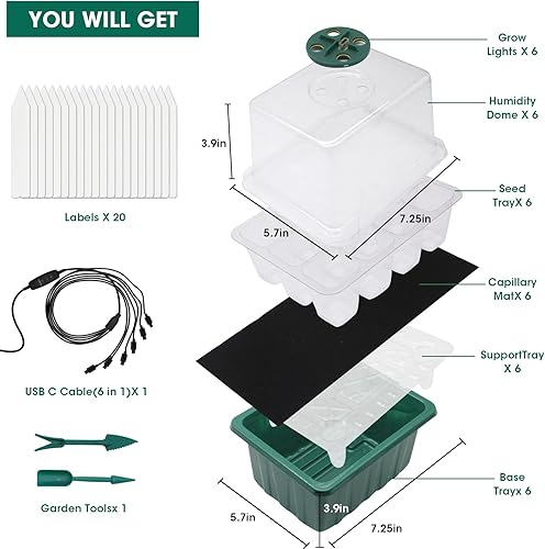 Miniatura 3 de Bandeja de inicio de semillas, 2 paquetes de bandejas de inicio de plántulas con luz de crecimiento, 4 LED, temporizador, regulable, kit de bandejas
