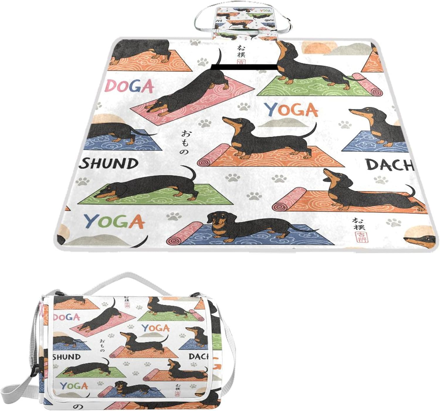 MNSRUU Picnic Blanket Waterproof Foldable, Yoga Dogs Dachshund Large Outdoor Picnic Beach Camping Blanket Travel Mat, Shoulder Strap Tote, Rectangle 57x59in