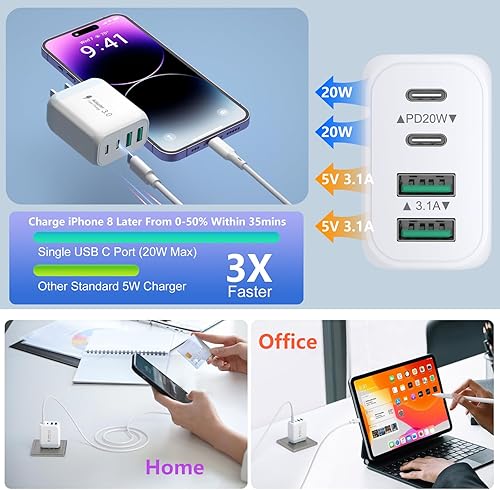 Miniatura 3 de Bloque de cargador USB C, paquete de 2 cargadores de pared USB C de 40 W de 4 puertos con cable USB C a C de 6 pies, adaptador de corriente dual