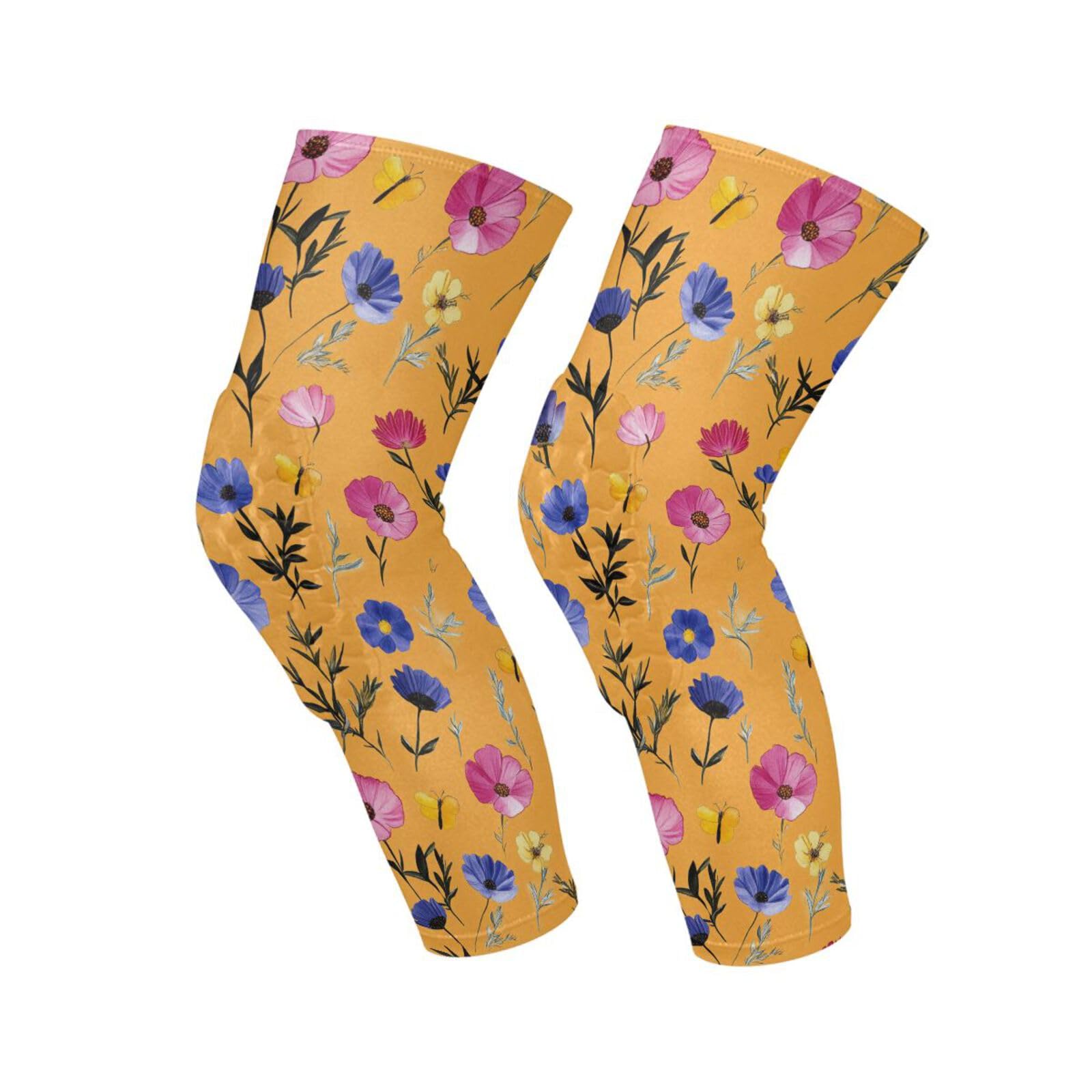JUNZAN Colorful Flowers Orange Basketball Knee Pads for Youth Kids Wrestling Knee Pads with Sleeves Sport Kneepads for Volleyball Football