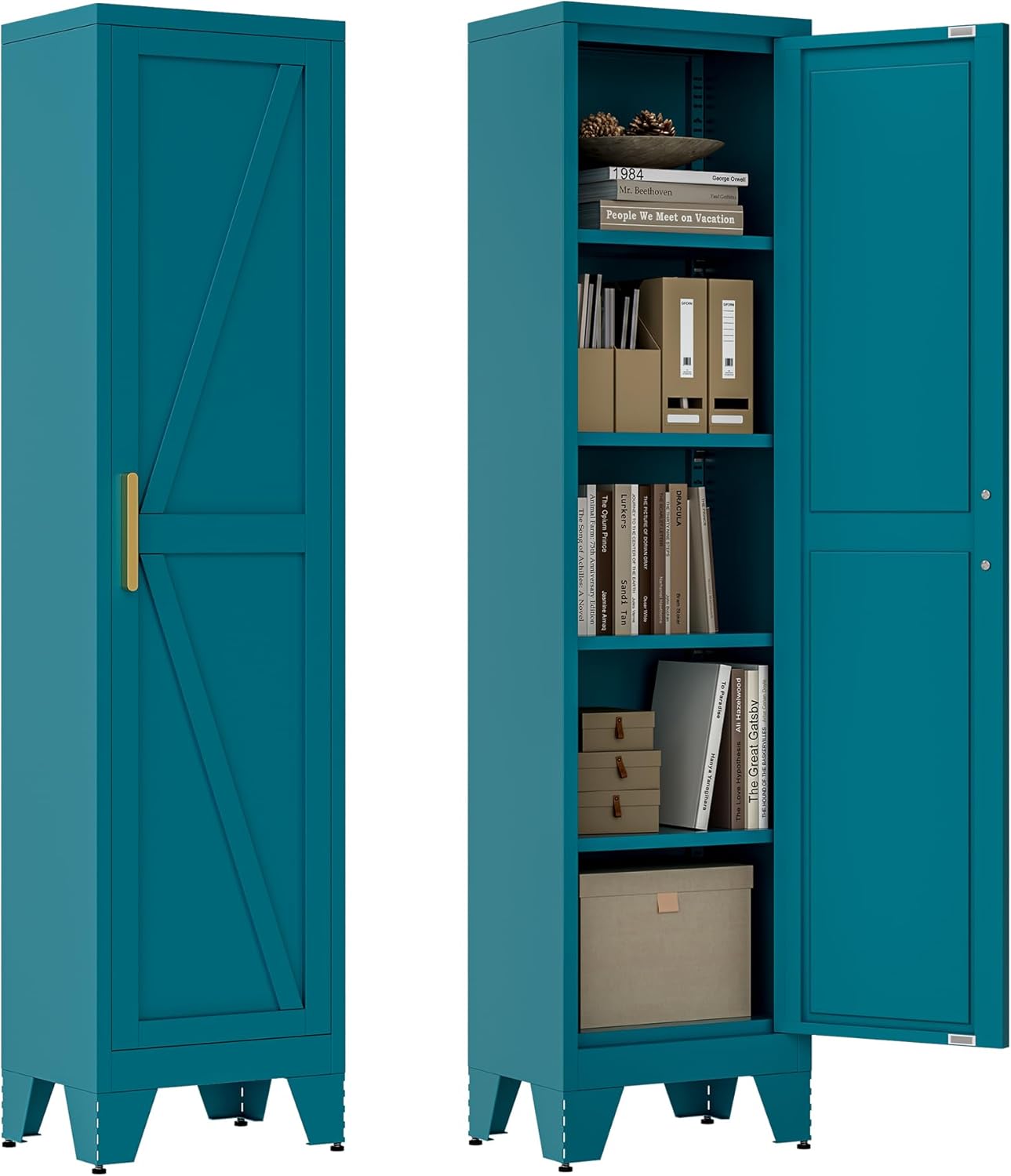 67''Farmhouse Metal Storage Cabinet with Barn Doors,Steel File Cabinet for Home Office,Kitchen Pantry 4 Adjustable Shelves,Freestanding Cupboard for Kitchen,HomeOffice (Peacock Blue)