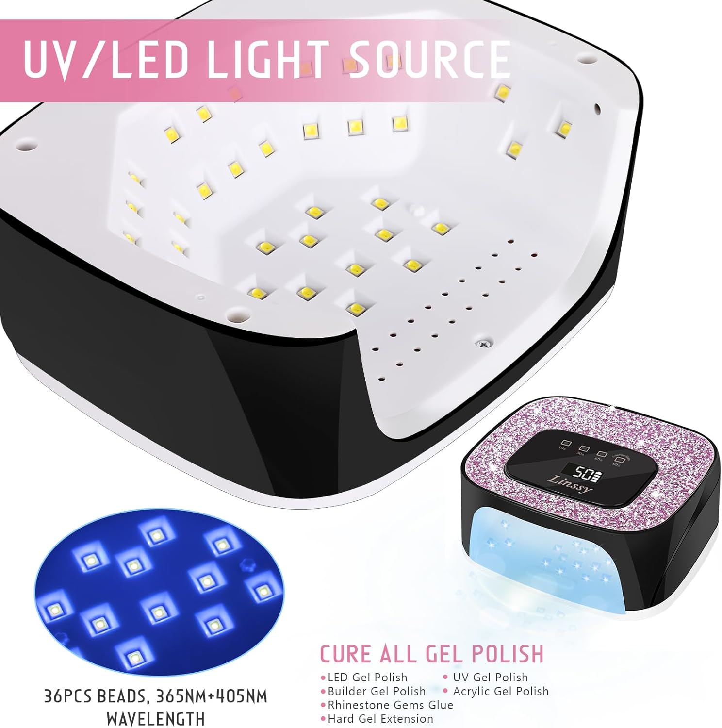 Rechargeable UV/LED Nail Lamp with Auto Sensor, Portable Cordless Gel Nail Dryer Light 4 Timings & Diamond LCD Screen, UV Light for Gel Nails at Home Salon (Black)