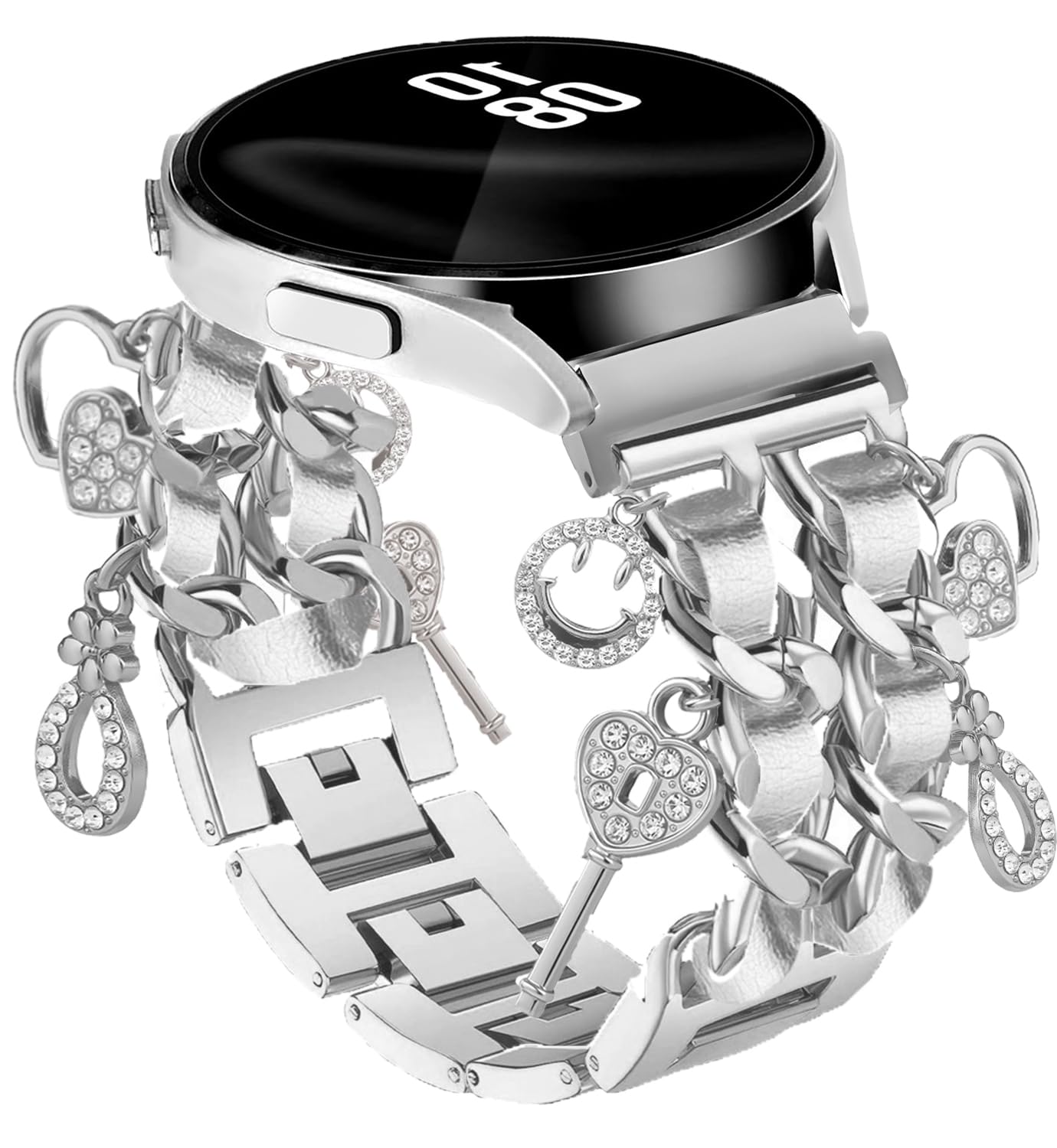 Photo 1 of **HAS MANUFACTURE DEFECTS*** Silver Bracelet Band with Cute Charm Compatible for Samsung Galaxy Watch 7 6 5 4 FE 40mm 44mm/5 Pro 45mm/6 Classic 43mm 47mm/4 Classic 42mm 46mm, Galaxy Active 2, 20mm Metal Replacement Strap for Women