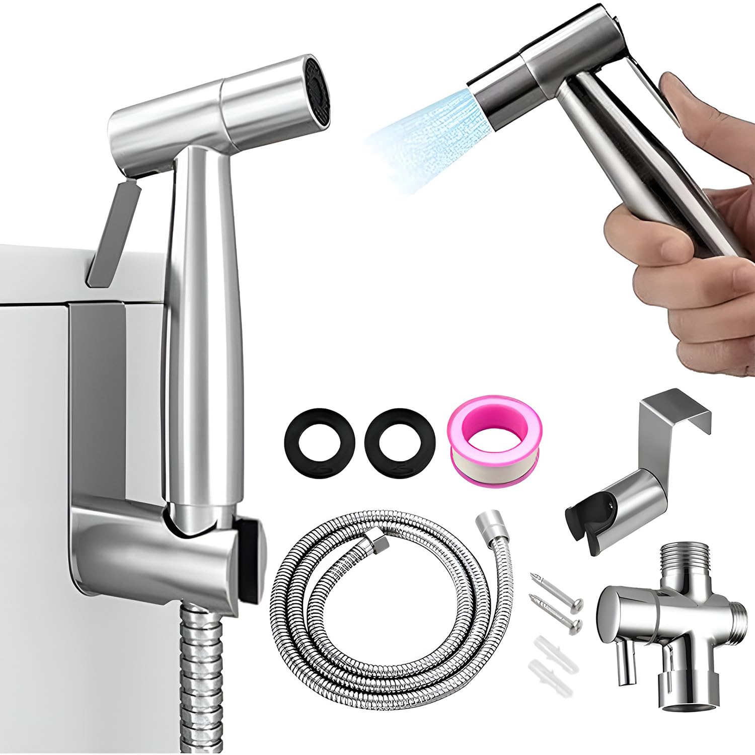 Xocome Kit Grifo Bidet De Mano – Acero Inoxidable Con Manguera 1,5 M, Adaptador T De Latón Para WC Y Limpieza De Mascotas