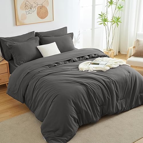 Dark Grey Queen Comforter Set, 7 Pieces Bed in a Bag Queen Lightweight Bedding Set, All Season Soft 7PC Bed Set with Comforter, Flat Sheet, Fitted Sheet, Pillowcases & Pillow Shams