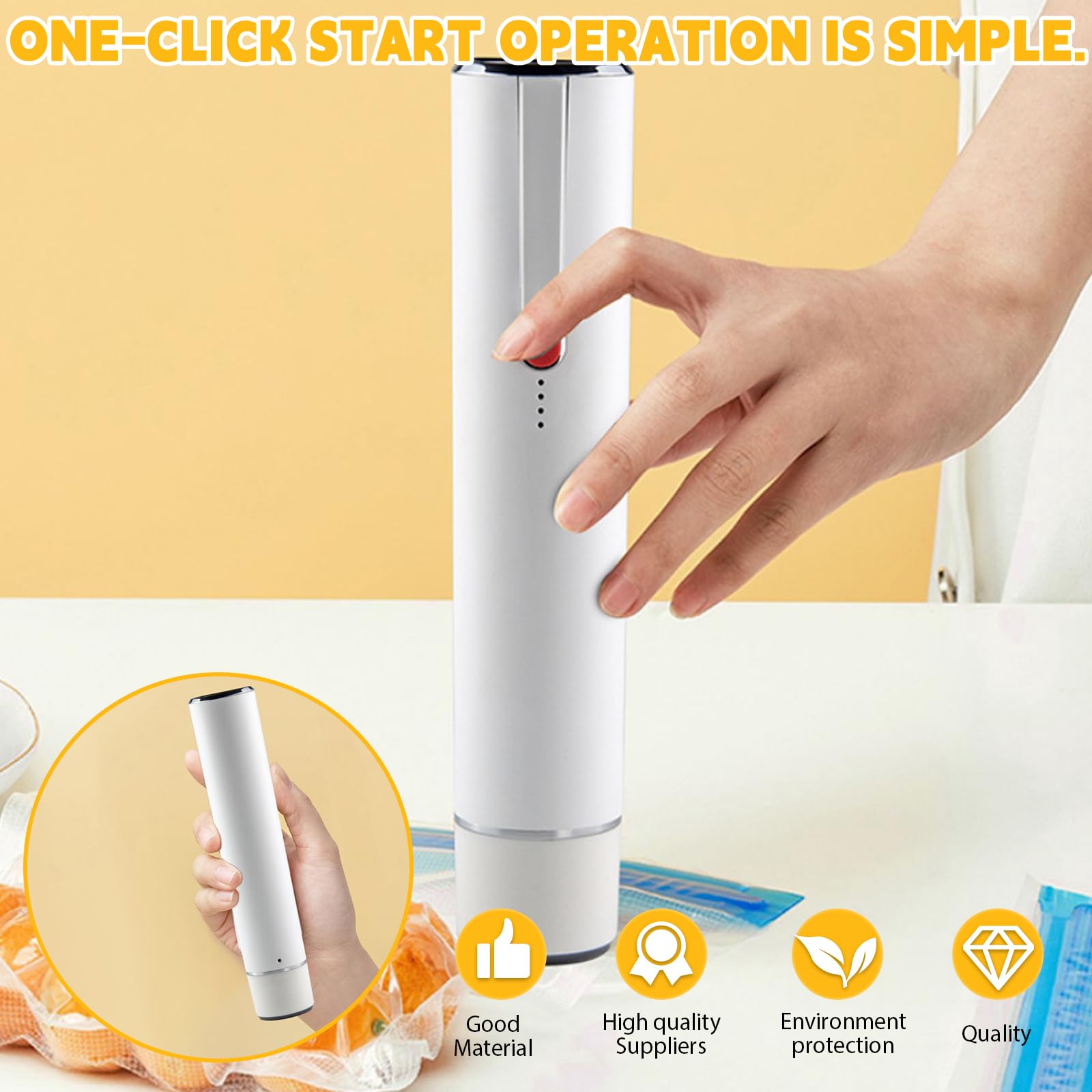 Pratico dispositivo per sottovuoto a mano, per alimenti, 60 kPa, senza fili, con 30 sacchetti sottovuoto per cucina, viaggi, campeggio