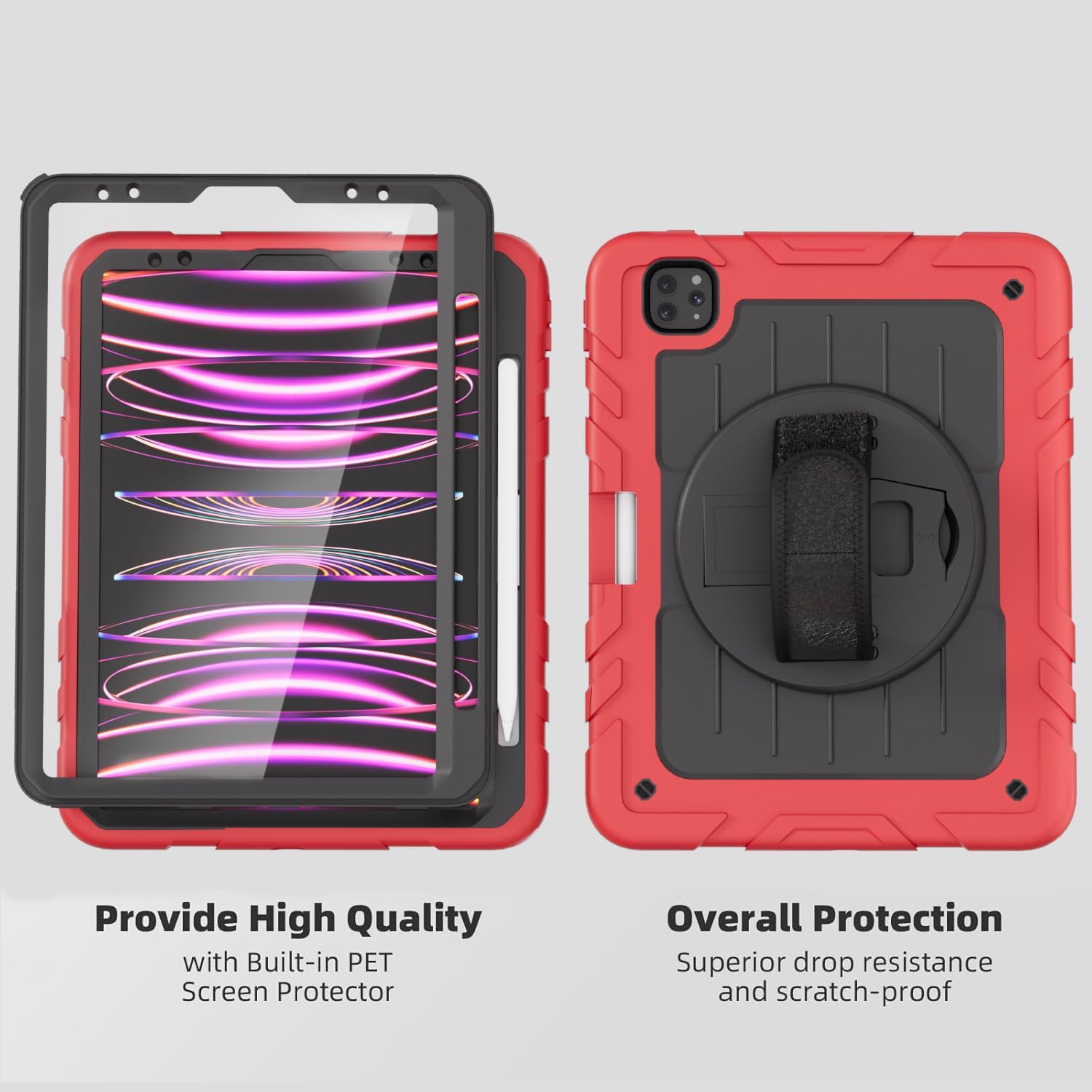 iPad Pro 11 inch Case 4th/3rd/2nd/1st Gen 2022/2021/2020/2018, Heavy-Duty Rotating Stand Protective Cover + Pencil Holder, with Hand Strap/Shoulder Straps Case for iPad Pro 11-inch, Red+Black