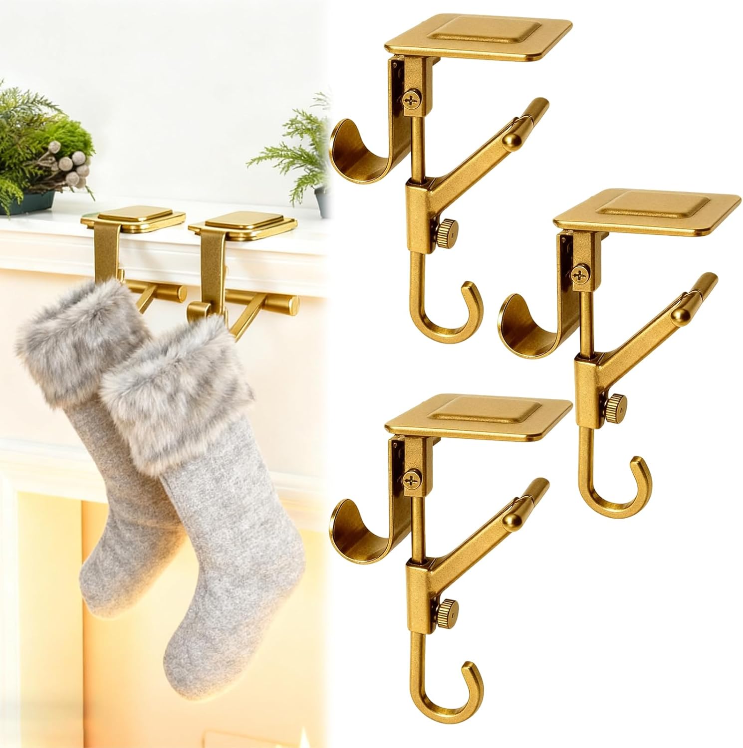 s-snail-oo fireplace stocking and garland hanger, garland hanger for door frame, adjustable heavy duty 2 in 1 double mantel hangers, fits 0.5" to 6" mantles home decoration (gold-3pcs)