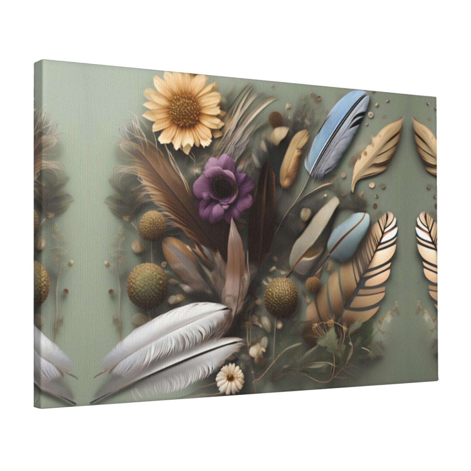 CNTDBU Feather flower Canvas Wall Art 16x24 Inch-Large Modern Painting Print for Living Room, Framed Ready to Hang Artwork for Bedroom
