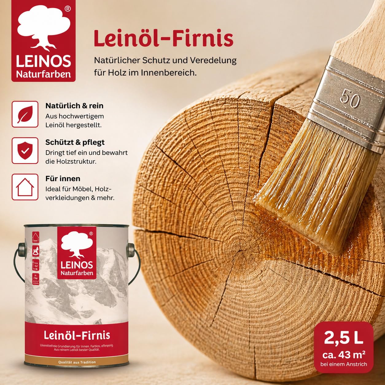 Leinöl-Firnis – Biologischer Holzschutz, farblos, innen & außen, 2,5 L | Holzschutz für Möbel, Türen & Zäune | natürlicher Firnis, Holzpflegeöl für den Außenbereich | wetterfest, lösemittelfrei