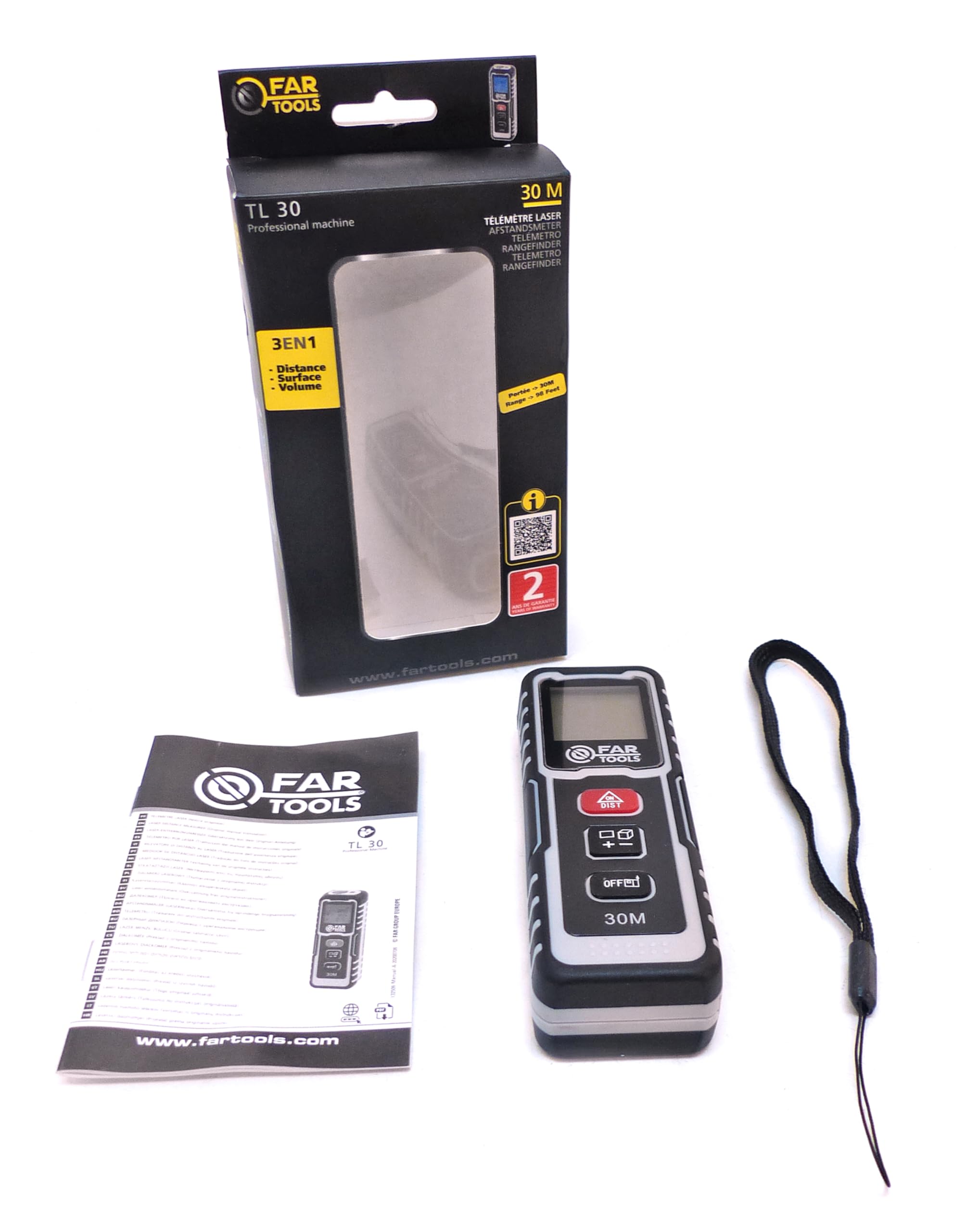 Fartools TL 30 Télémètre laser jusqu'à 30m avec affichage LCD, mesure simple, en continu ou par addition afin de calculer distance, surface et volume