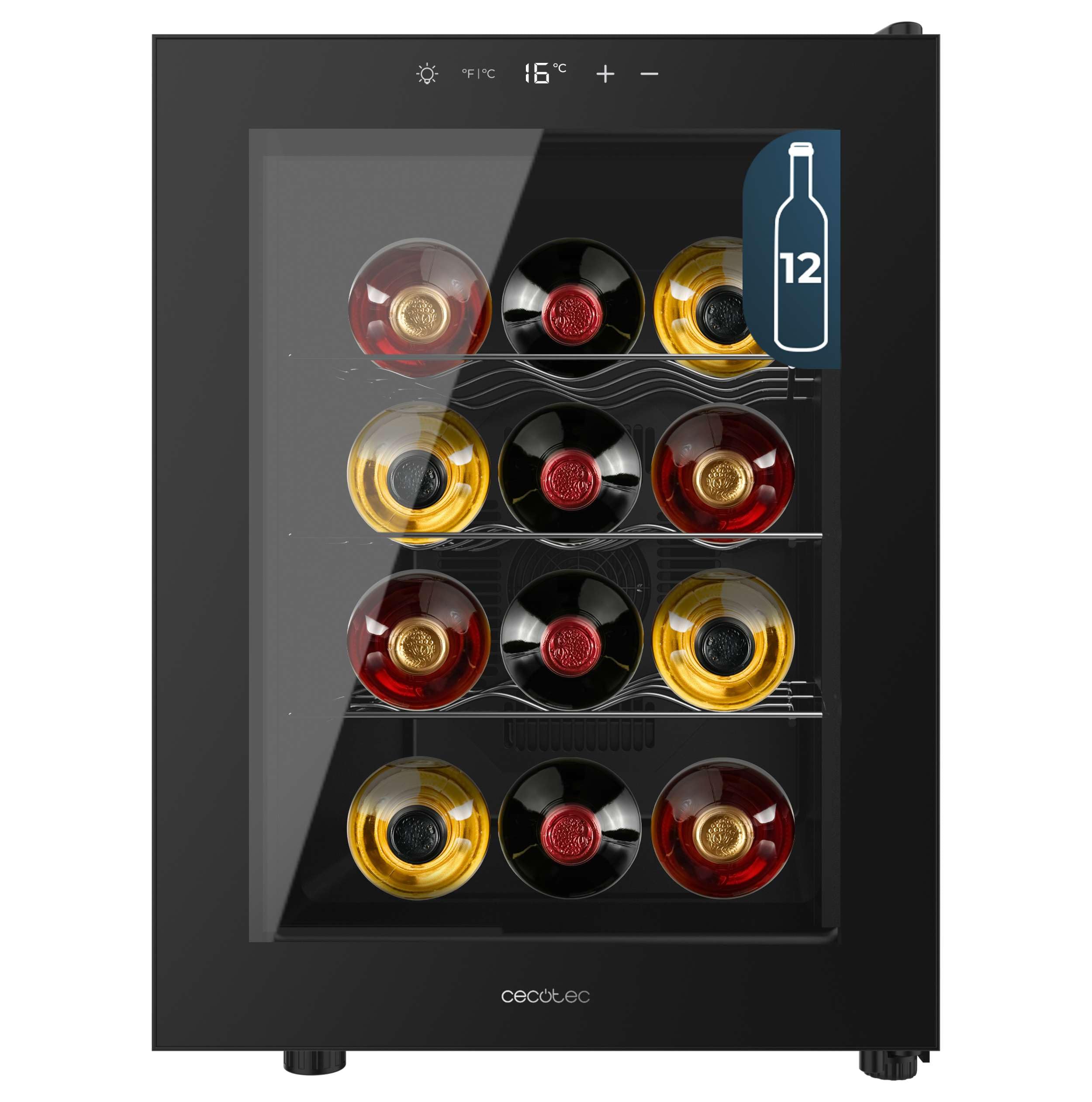 Cecotec Cantina per vino Bolero GrandSommelier 1255 CoolCrystal E, Capacità 12 Bottiglie, Ripiani in metallo, Controllo Touch, Temperatura 8-18ºC, Nero