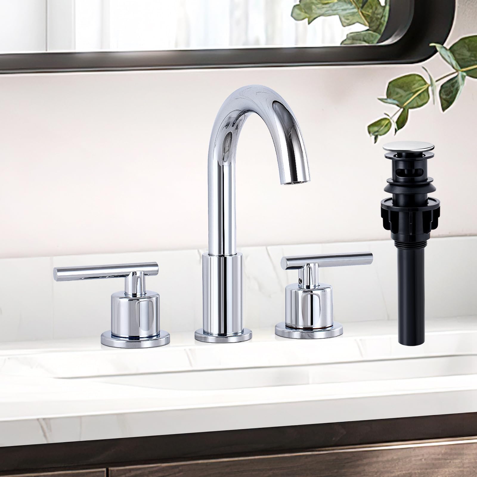 KZH Bathroom Faucets for Sink 3 Hole 8 inch Chrome, Bathroom Sink Faucet with Pop Up Drain, 2 Handle Vanity Faucet with Water Supply Hoses