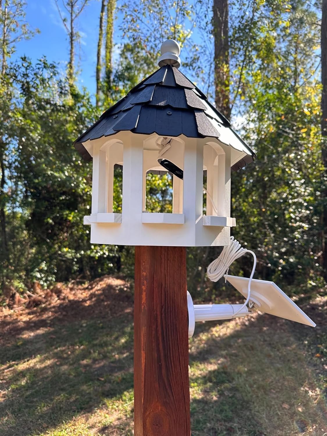 2026 XL Gazebo Bird Feeder for Outside Post, Water Proof Shingle Thick Metal Roof Bird House Birdfeeder for Post Mount, Flythrough Style Black 10 Lbs Capacity 15" x 15" x22" Without Post