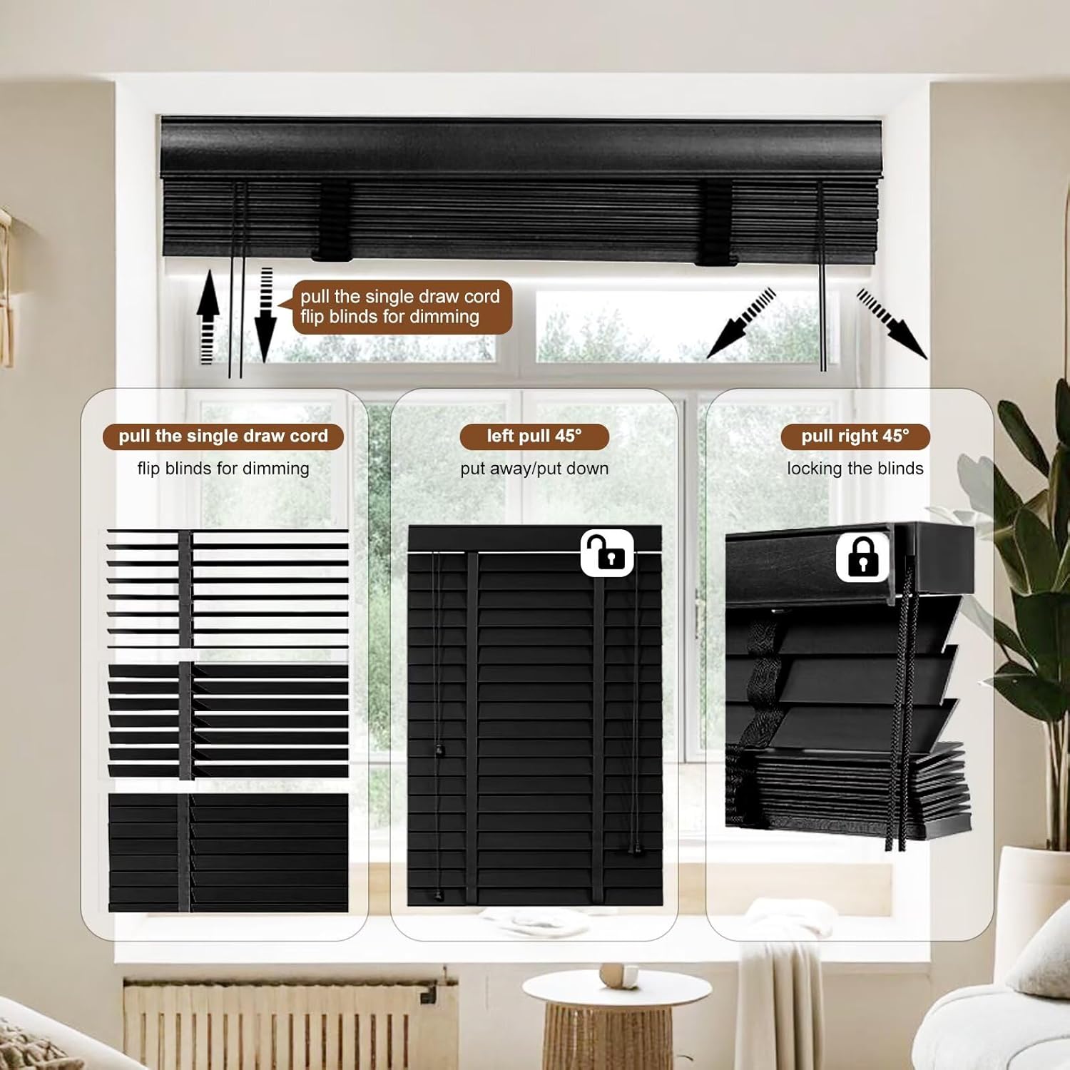 2” Slats Blackout Wood Blinds for Indoor Windows, Solid Wooden Blackout Blinds Blackout Shades, Horizontal Blinds Easy Install for Living Room Bedroom & Office 34x60inch