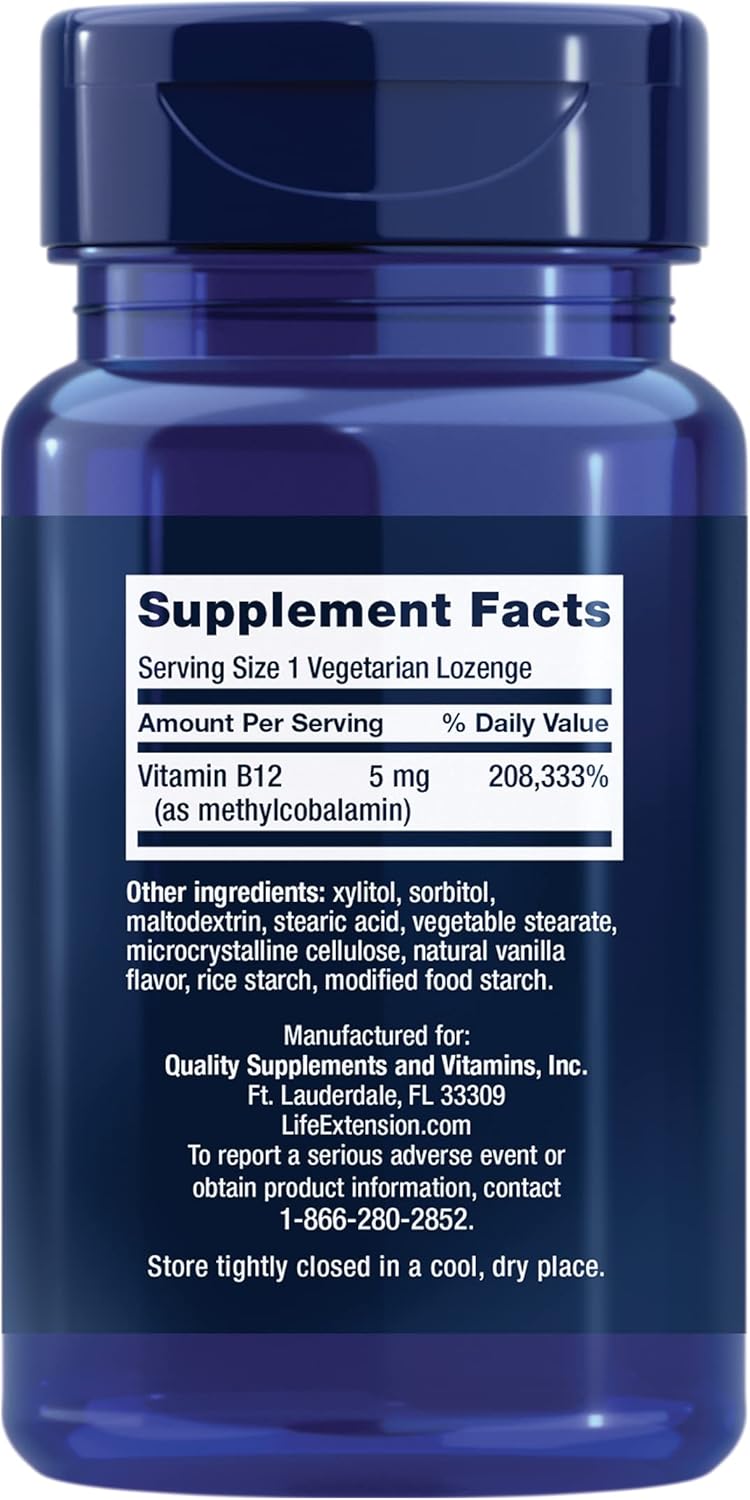 Life Extension Vitamin B12 Methylcobalamin, Nerve Health Supplement, Cognitive Support, Energy Vitamin, methylcobalamin B12, 5 mg, Quick-Dissolving, Gluten-Free, Non-GMO, Vegetarian, 60 lozenges