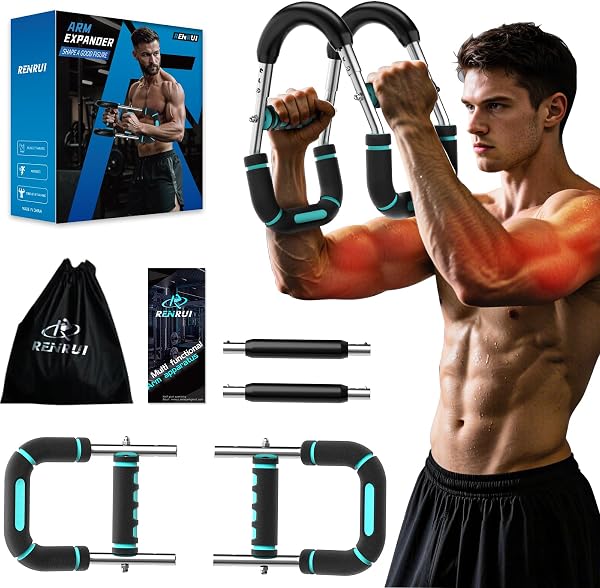 RENRUI Twister Arm Trainer Chest Workout Equipment for Men & Women, Adjustable 5 Resistance (40-130 lbs) Home Gym Strength Trainer with Anti-Slip Handles & Carry Bag (Blue)