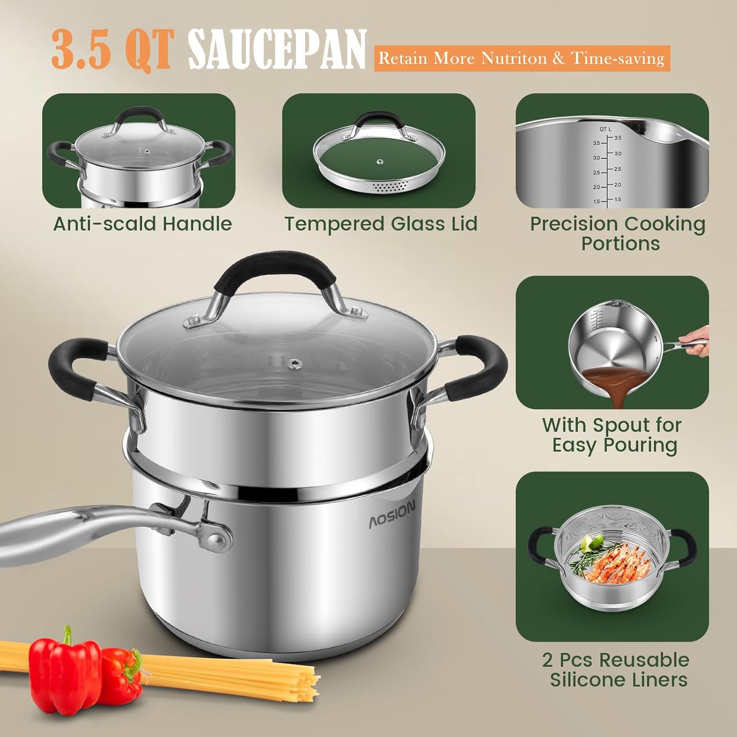 AOSION Countertop Compost Bin Kitchen & 3.5 Quart Stainless Steel Saucepan with Steamer Basket