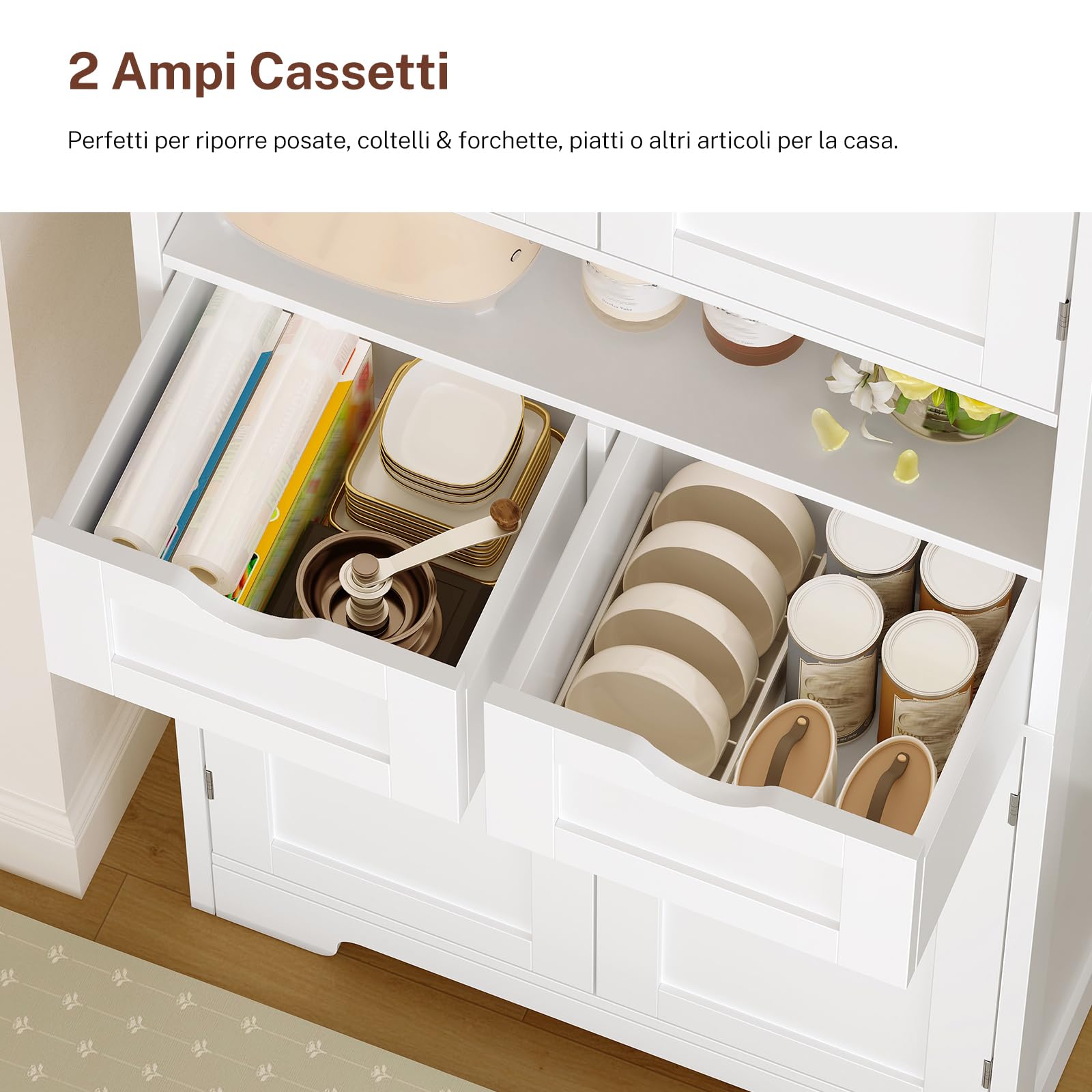 TEENFON Credenza Cucina Alta, Mobile Dispensa Alto 4 Ante e 2 Cassetti con Ripiani Regolabili e Portaspezie sulla Porta, Armadio Multiuso per Cucina, Soggiorno, Bagno, 60 x 30 x 161 cm, Bianco