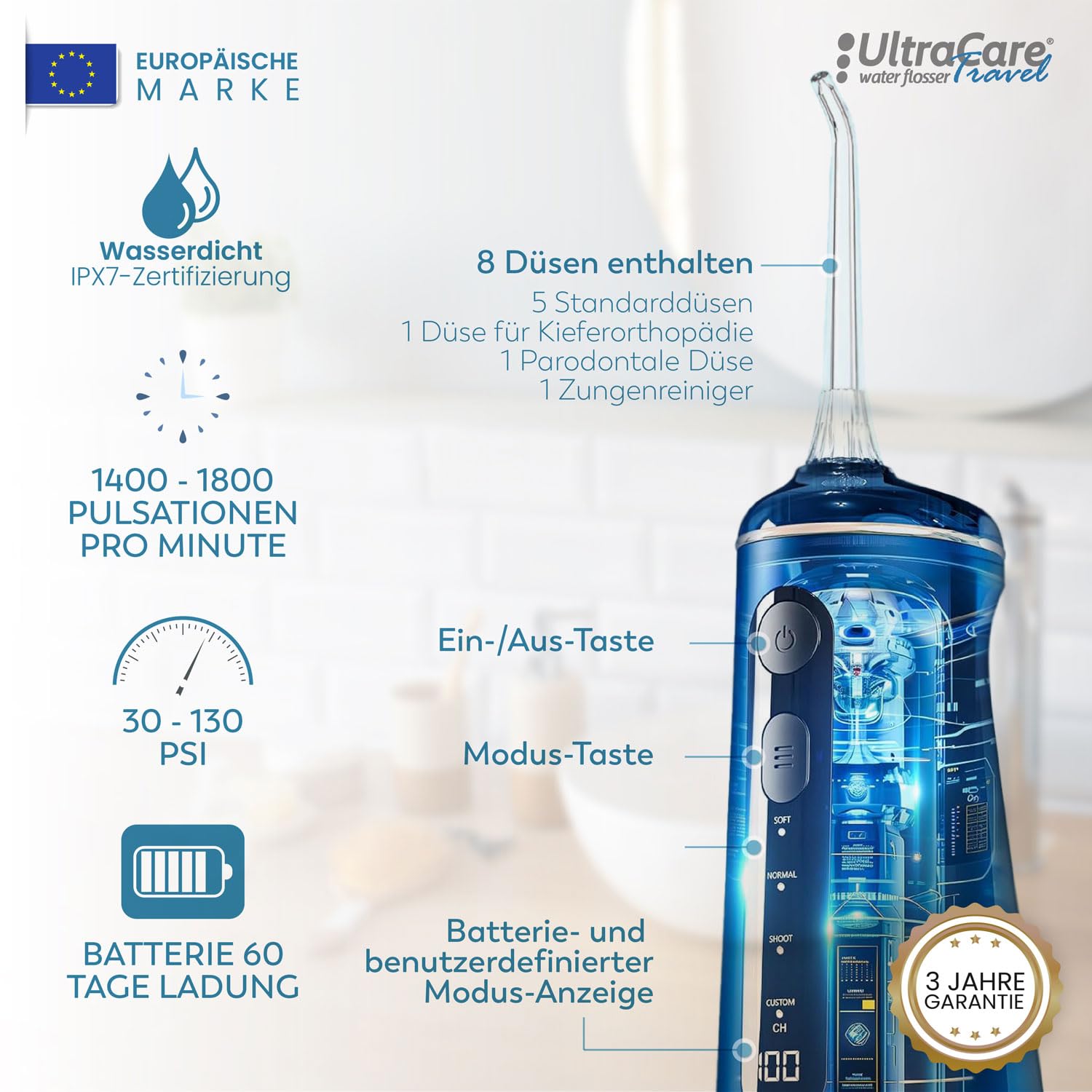 Aquapik Tragbare Munddusche, kabellos, 8 Düsen, 4 Modi, IPX7, 300 ml, USB-C