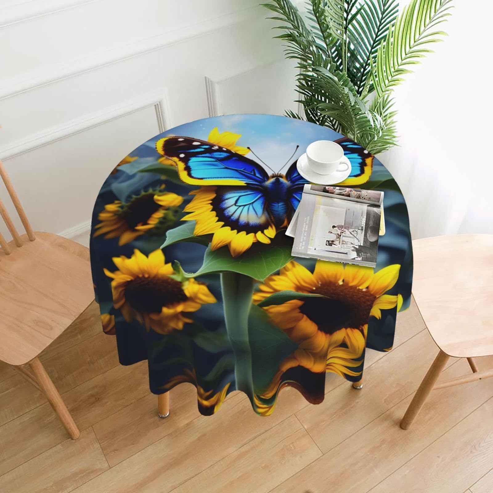 HLBSDM Sunflower Blue Butterfly Printed Practical Round Tablecloth, Durable, Suitable for Home, Restaurant, Hotel, Gathering, and Decorative Table Covers