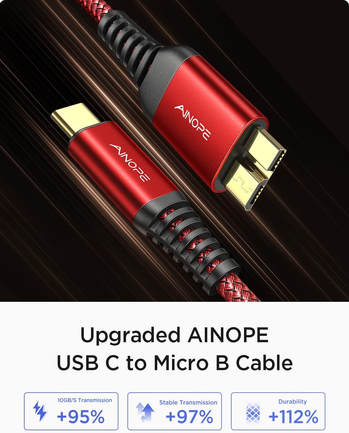 AINOPE 10Gbps Micro B to USB C Hard Drive Cable 1.6FT/0.5m, [Nylon Braided] USB C to Micro B Cord, USB C to External Hard Drive Cable for MacBook Air M2 Pro, WD Toshiba Westgate Seagate
